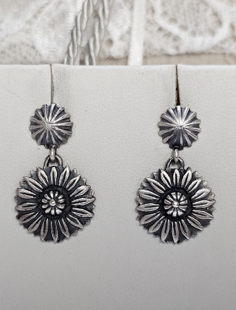 Southwestern Sunflower Concho Post Earrings Oxidized 925 Silver